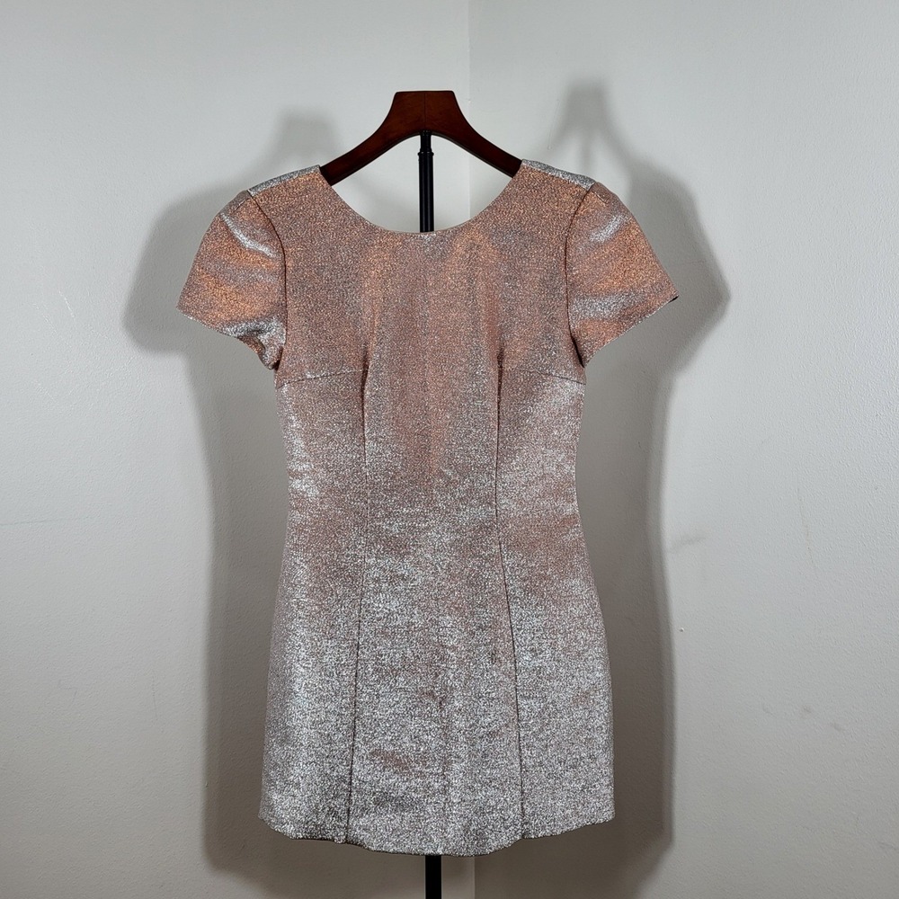 Express Rose Gold Metallic Glitter Open V-Back Mini Dress Size 2 Short Sleeve